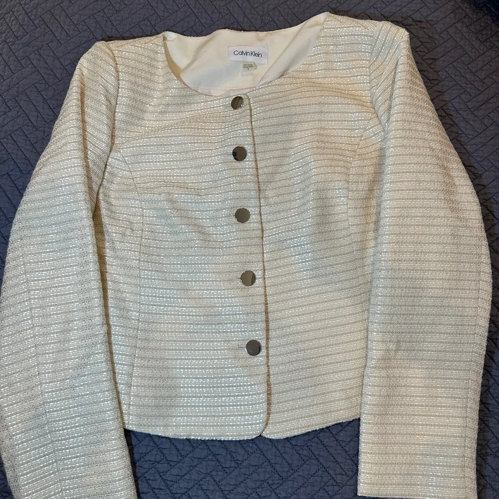 Calvin Klein Ivory Metallic Tweed -like Jacket and Skirt Suit, Size 16 - Picture 1 of 9